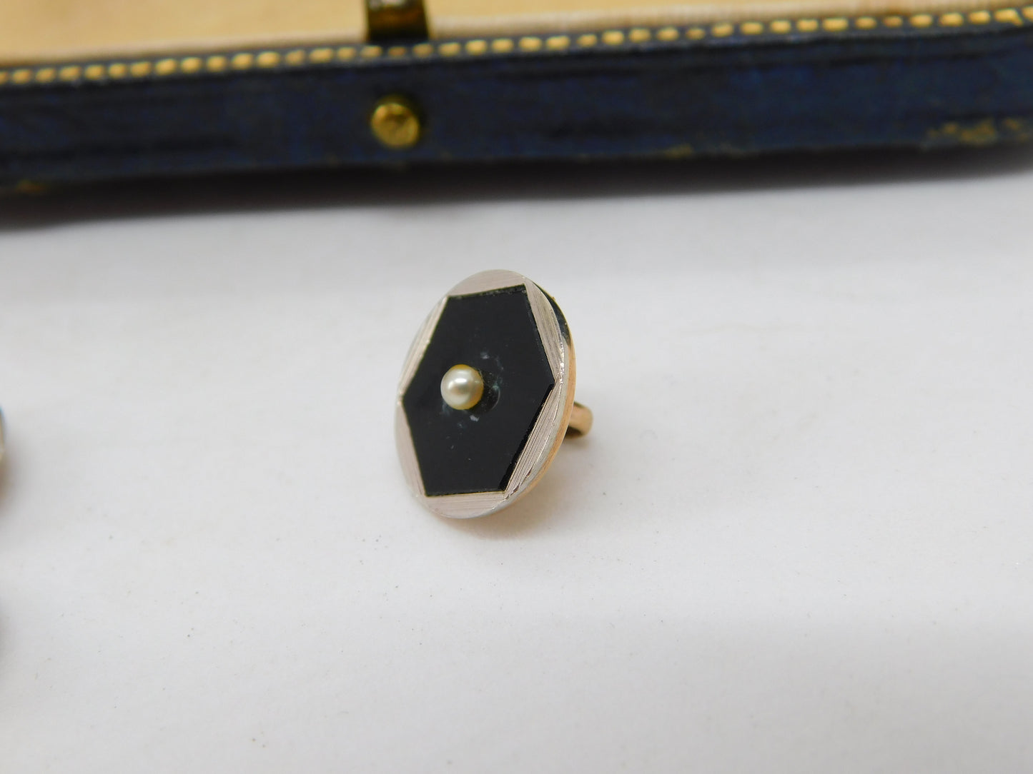 Boxed Victorian 9ct Rose Gold, Enamel & Pearl Stud, Cufflinks, Button Set c1880