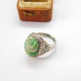 Qing Period Chinese Sterling Silver & Apple Green Carved Jade Signet Ring c1880