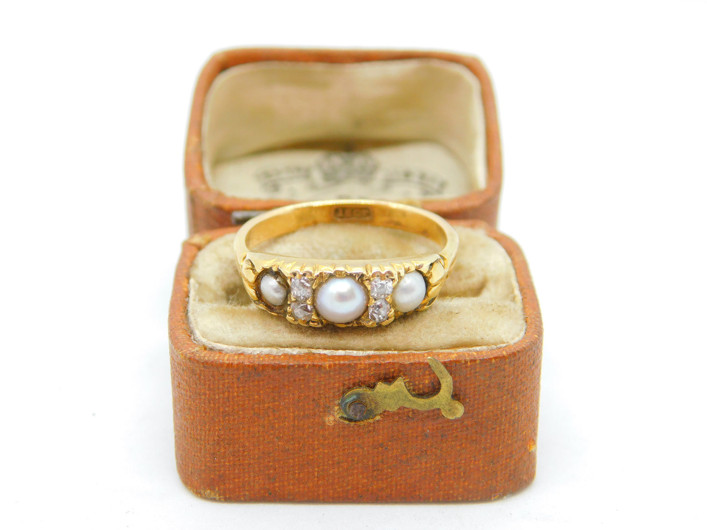 Victorian 18ct Yellow Gold, Rose Cut Diamond & Pearl Boat Ring Antique c1890