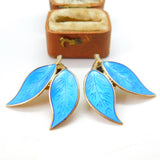 Norwegian Sterling Silver Blue Guilloche Enamel Leaf Earrings David Andersen