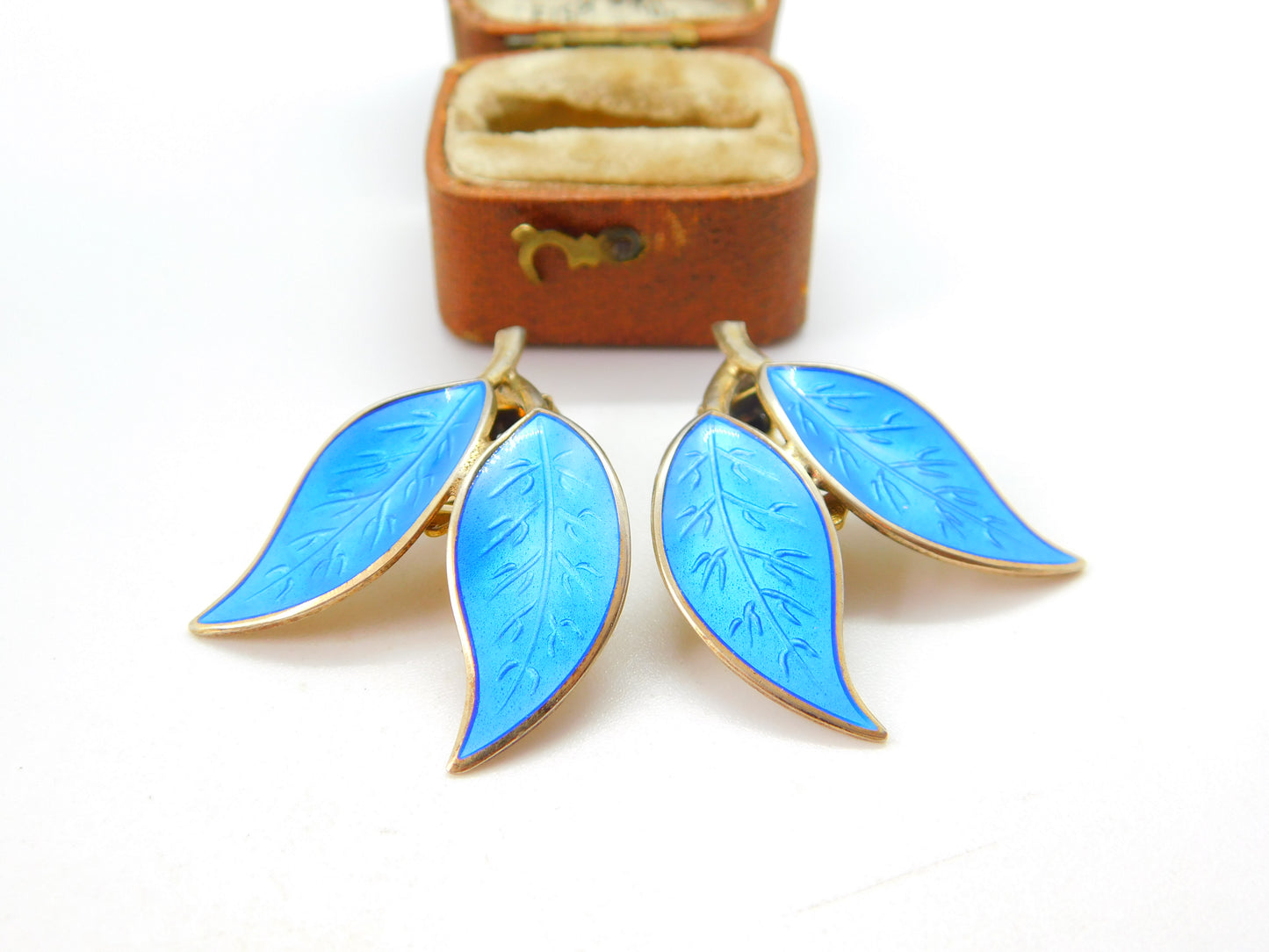 Norwegian Sterling Silver Blue Guilloche Enamel Leaf Earrings David Andersen