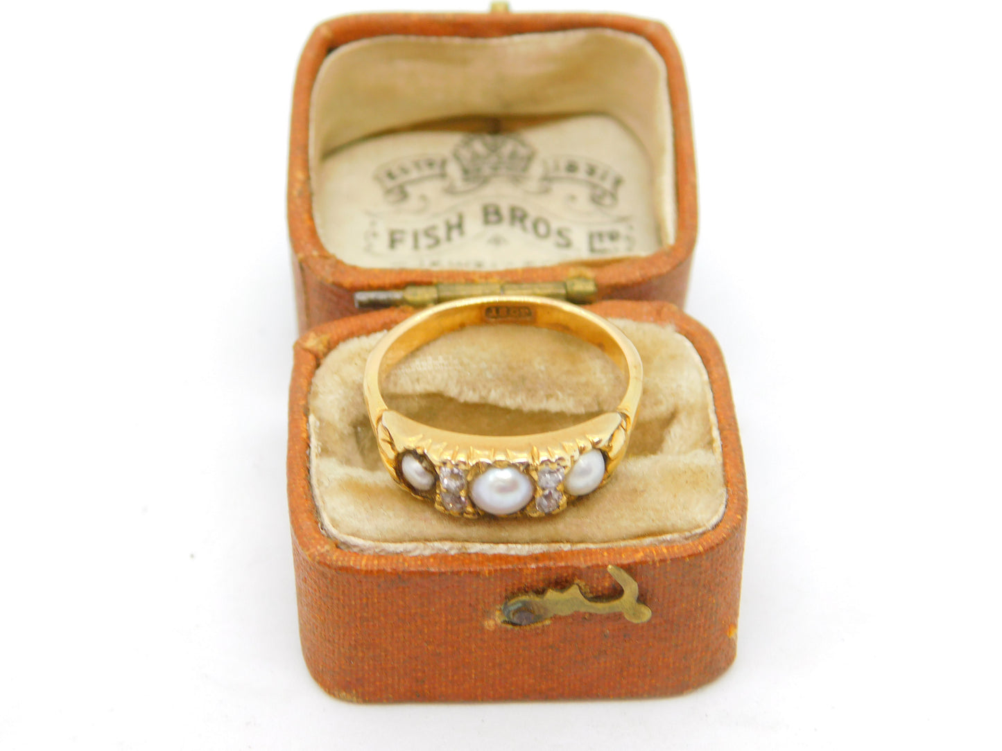 Victorian 18ct Yellow Gold, Rose Cut Diamond & Pearl Boat Ring Antique c1890