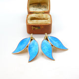 Norwegian Sterling Silver Blue Guilloche Enamel Leaf Earrings David Andersen