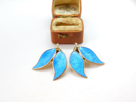 Norwegian Sterling Silver Blue Guilloche Enamel Leaf Earrings David Andersen