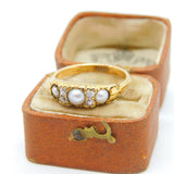 Victorian 18ct Yellow Gold, Rose Cut Diamond & Pearl Boat Ring Antique c1890
