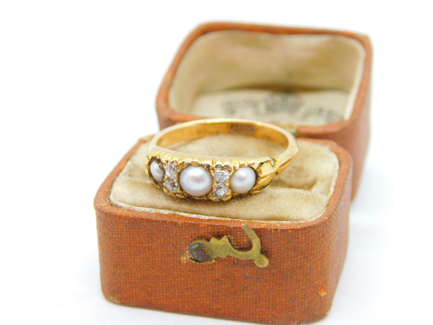 Victorian 18ct Yellow Gold, Rose Cut Diamond & Pearl Boat Ring Antique c1890