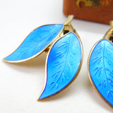 Norwegian Sterling Silver Blue Guilloche Enamel Leaf Earrings David Andersen