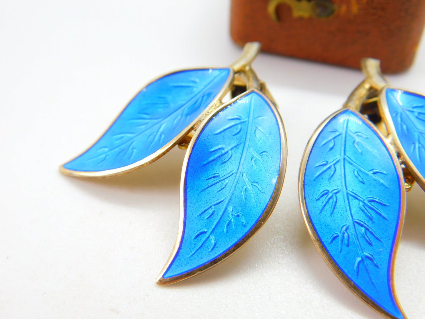 Norwegian Sterling Silver Blue Guilloche Enamel Leaf Earrings David Andersen