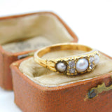 Victorian 18ct Yellow Gold, Rose Cut Diamond & Pearl Boat Ring Antique c1890