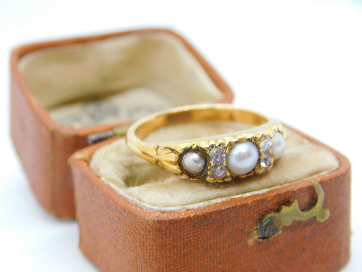 Victorian 18ct Yellow Gold, Rose Cut Diamond & Pearl Boat Ring Antique c1890