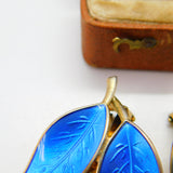 Norwegian Sterling Silver Blue Guilloche Enamel Leaf Earrings David Andersen