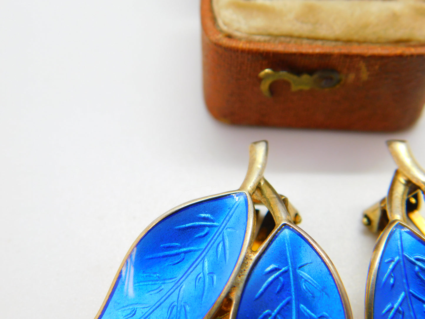 Norwegian Sterling Silver Blue Guilloche Enamel Leaf Earrings David Andersen