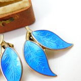 Norwegian Sterling Silver Blue Guilloche Enamel Leaf Earrings David Andersen