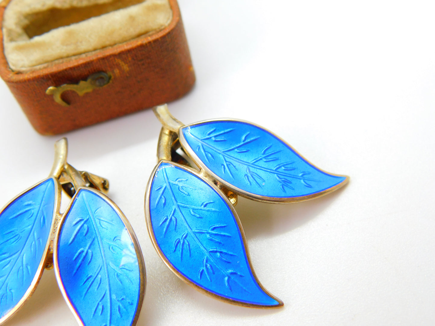 Norwegian Sterling Silver Blue Guilloche Enamel Leaf Earrings David Andersen