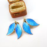 Norwegian Sterling Silver Blue Guilloche Enamel Leaf Earrings David Andersen