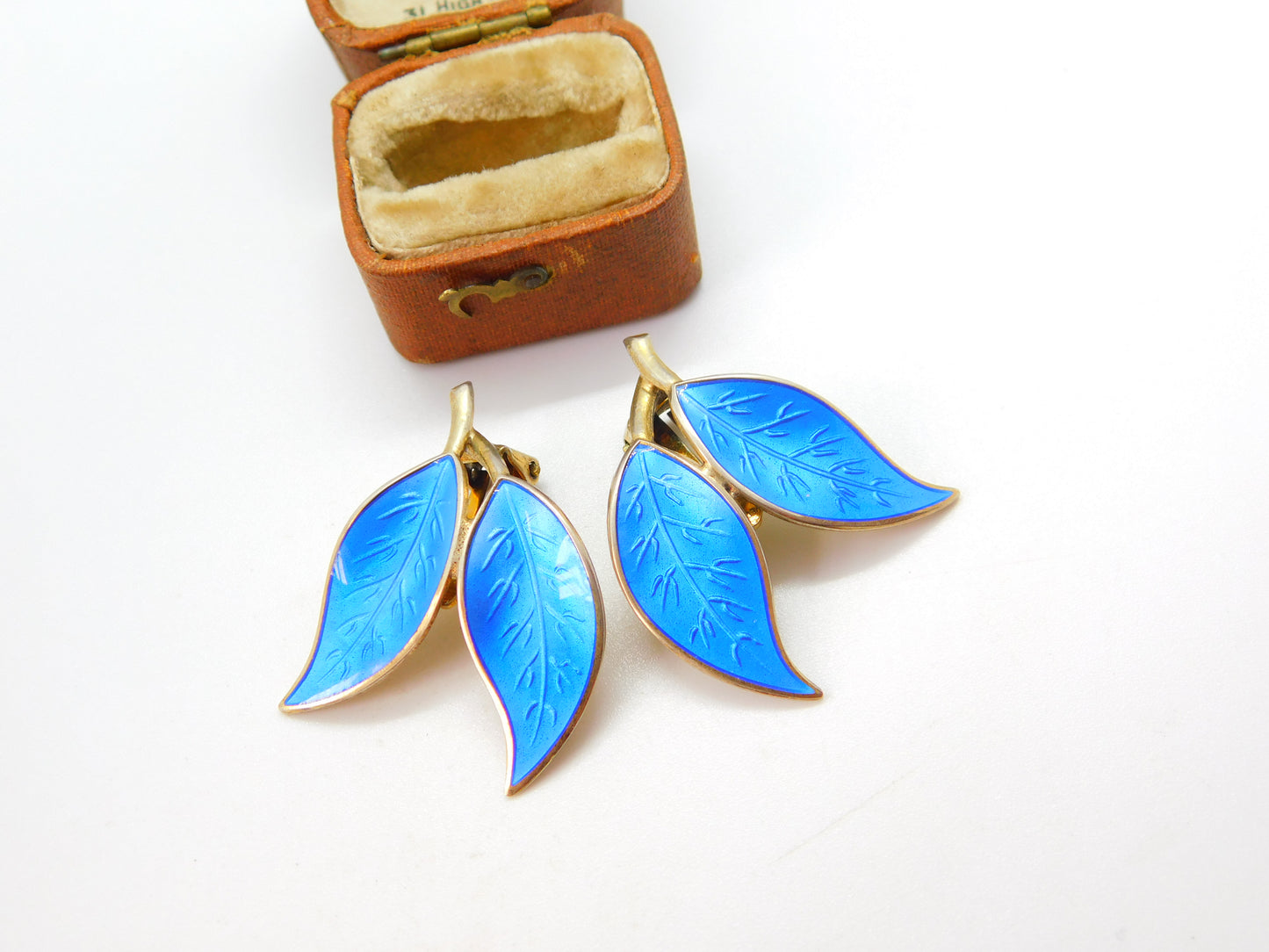 Norwegian Sterling Silver Blue Guilloche Enamel Leaf Earrings David Andersen