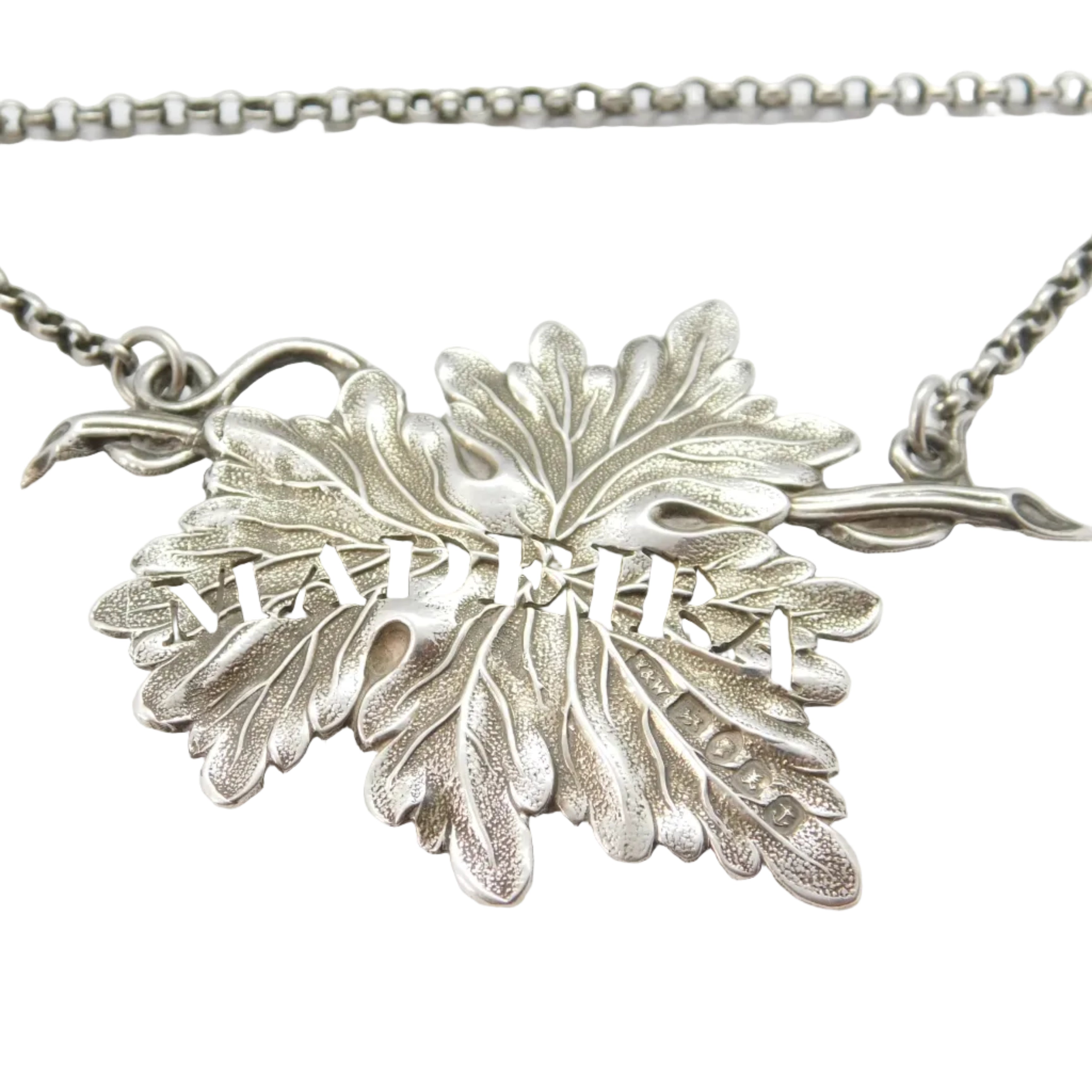 A Victorian sterling silver vine form madeira wine decanter label from 1846, featuring a grape vine design with the word 'ABBA' in the center, hallmarked by Yapp & Woodward in Birmingham.