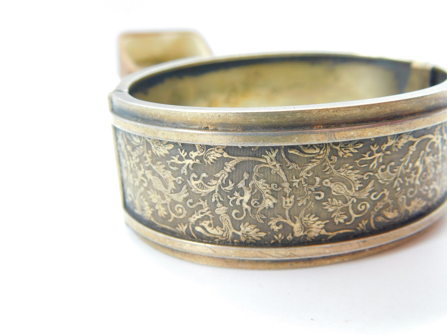 Victorian Sterling Silver Gilt Aesthetic Movement Bird Pattern Cuff Bangle c1880