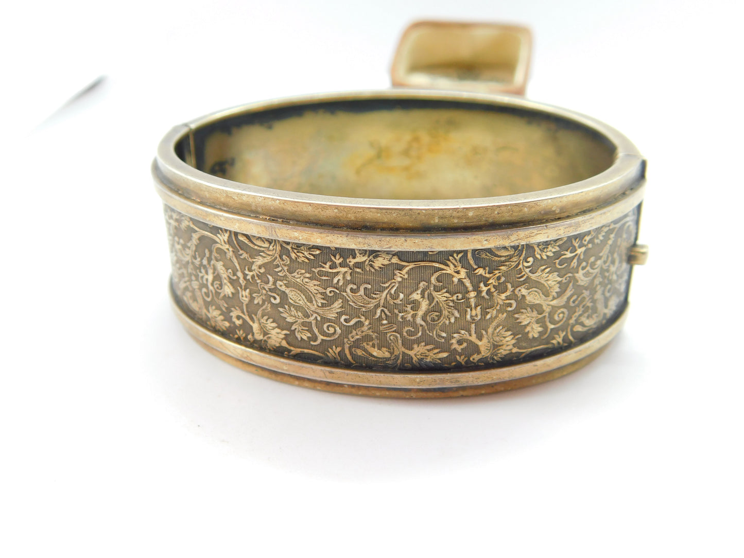 Victorian Sterling Silver Gilt Aesthetic Movement Bird Pattern Cuff Bangle c1880