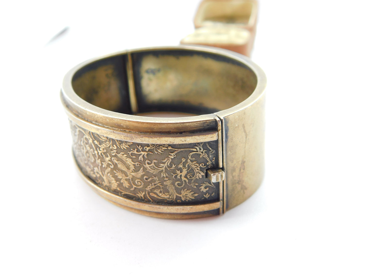 Victorian Sterling Silver Gilt Aesthetic Movement Bird Pattern Cuff Bangle c1880