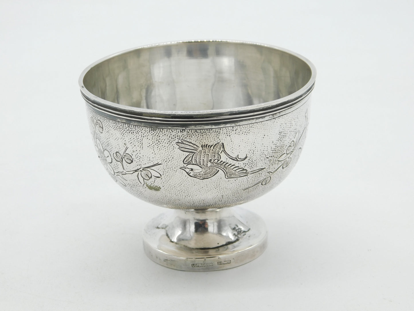 Chinese Sterling Silver Aestehtic Flower Bird Pattern Sugar Bowl c1920 Antique