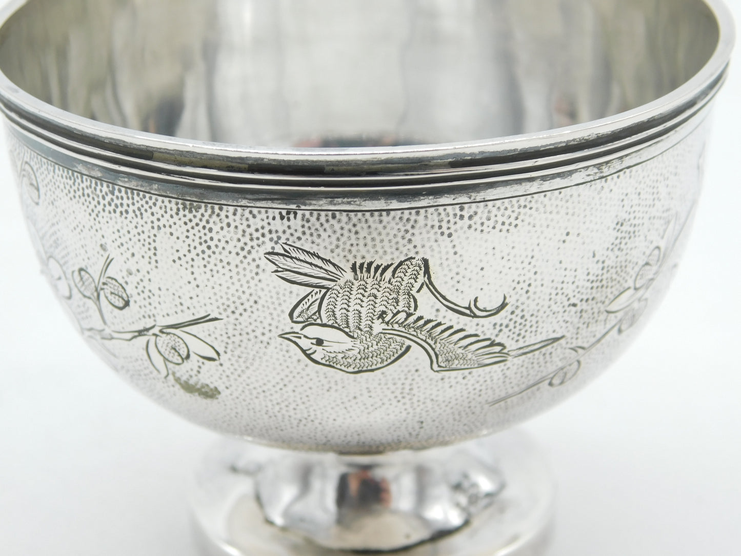 Chinese Sterling Silver Aestehtic Flower Bird Pattern Sugar Bowl c1920 Antique