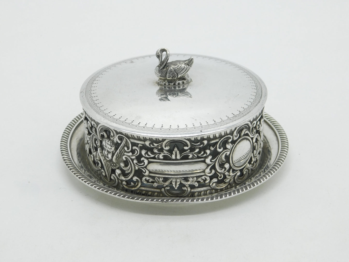 Victorian Sterling Silver & Glass Swan Finial Butter Dish 1894 London Antique