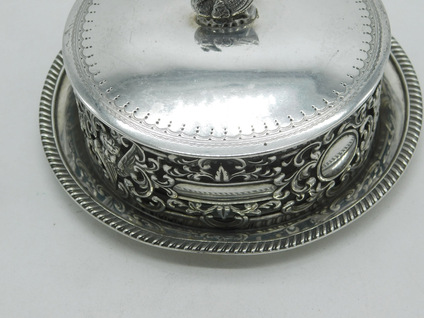 Victorian Sterling Silver & Glass Swan Finial Butter Dish 1894 London Antique