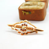 Edwardian 14ct Rose Gold, Ruby & Pearl Set Wreath Sweetheart Brooch c1910