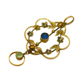 Edwardian 9ct Gold, Seed Pearl & Green-Blue Paste Lavalier Pendant Antique