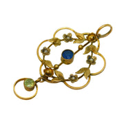 Edwardian 9ct Gold, Seed Pearl & Green-Blue Paste Lavalier Pendant Antique