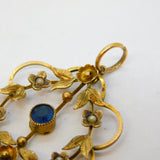Edwardian 9ct Gold, Seed Pearl & Green-Blue Paste Lavalier Pendant Antique