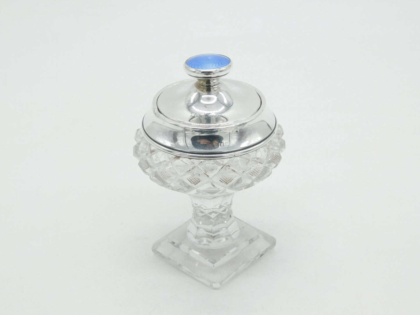 Edwardian Sterling Silver Blue Guilloche Enamel Cut Glass Vanity Jar Antique 1908 London