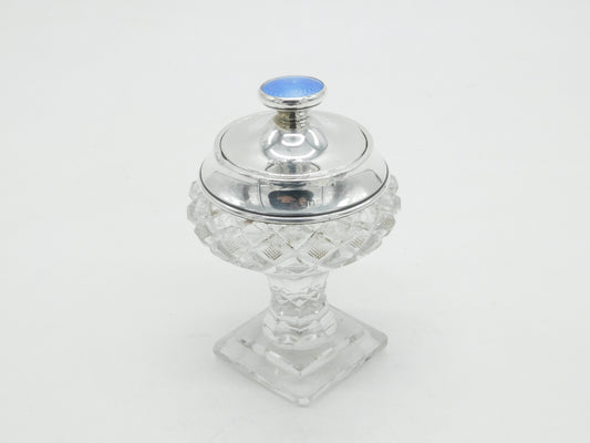 Edwardian Sterling Silver Blue Guilloche Enamel Cut Glass Vanity Jar Antique 1908 London