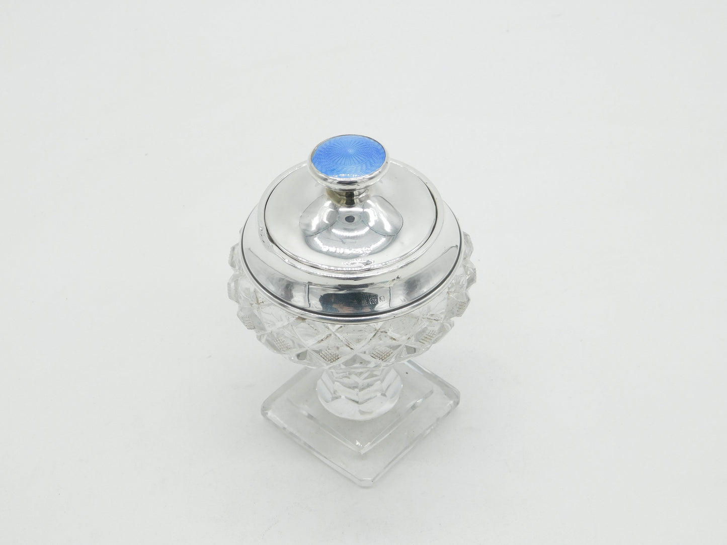 Edwardian Sterling Silver Blue Guilloche Enamel Cut Glass Vanity Jar Antique 1908 London