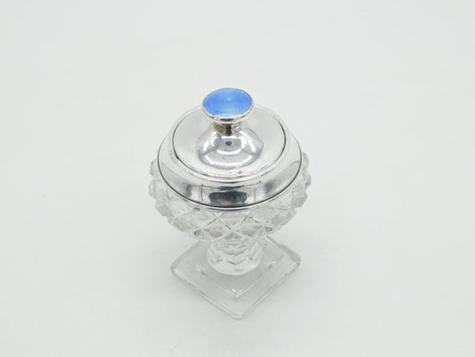 Edwardian Sterling Silver Blue Guilloche Enamel Cut Glass Vanity Jar Antique 1908 London