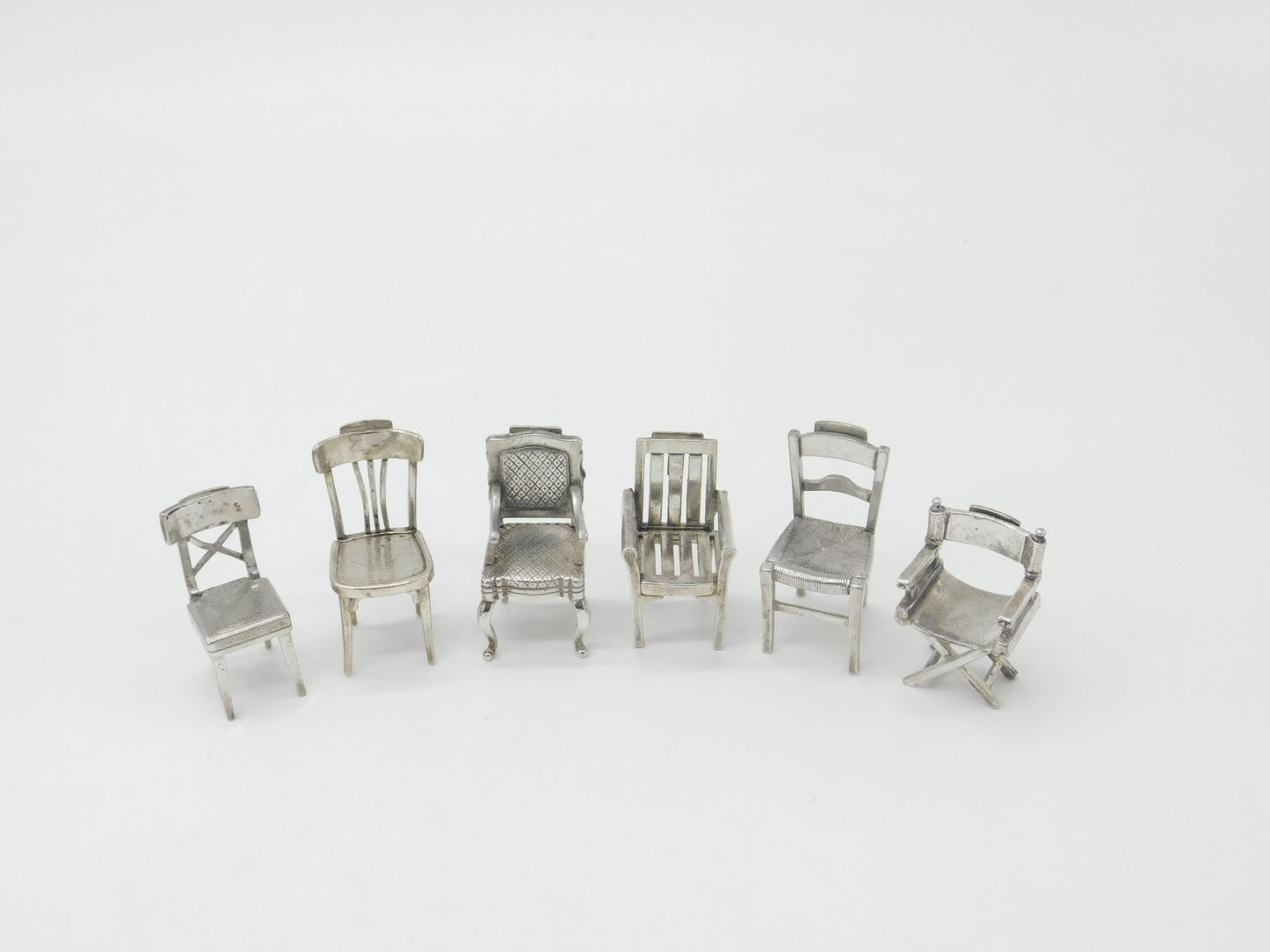 Victorian Set of Six Silver Plated Menu Holders in Mixed Chair Form c1900