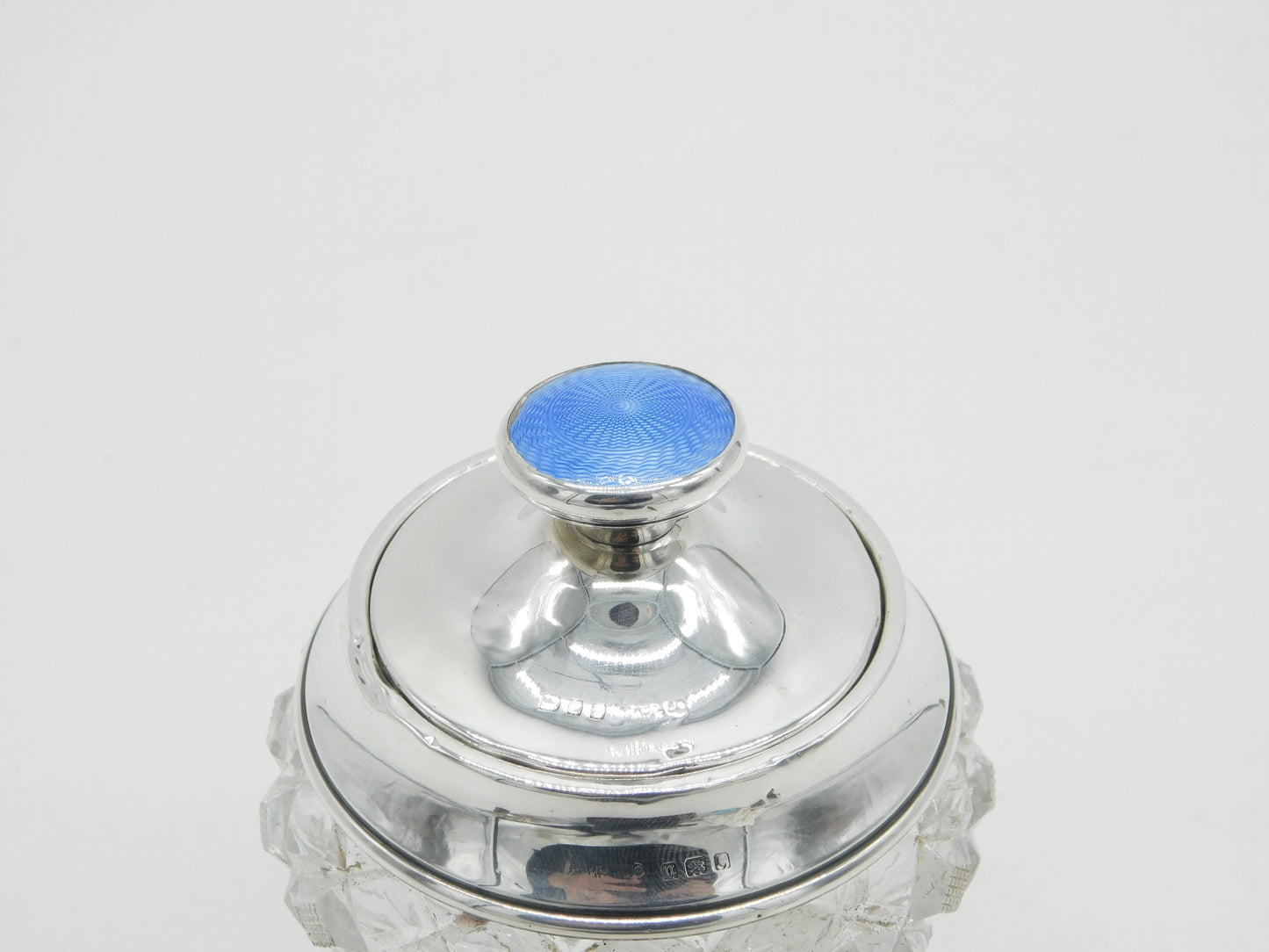 Edwardian Sterling Silver Blue Guilloche Enamel Cut Glass Vanity Jar Antique 1908 London