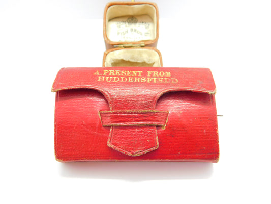 Victorian Red Leather 'A Present from Huddersfield' Pin Cushion Sewing Set c1890