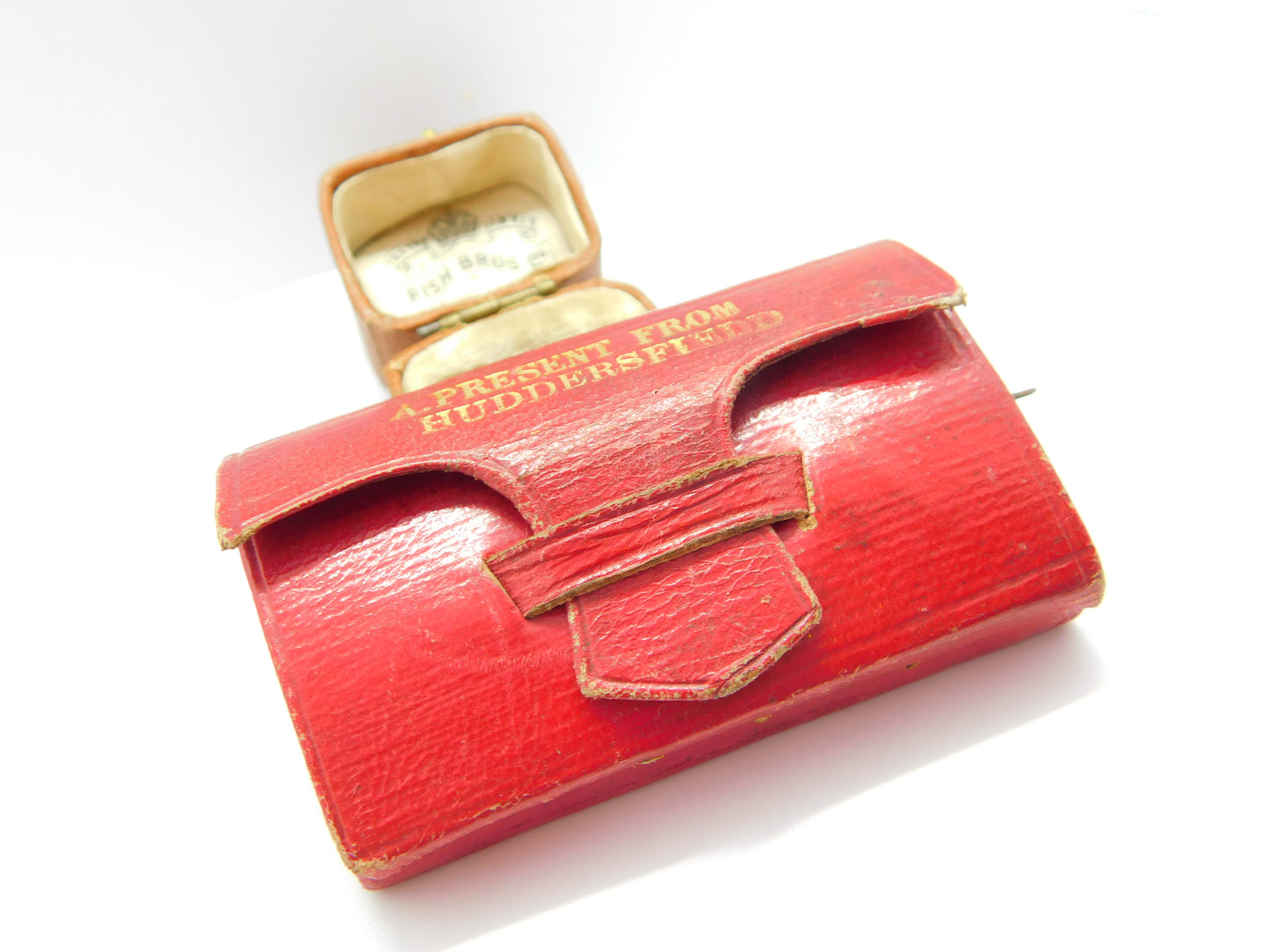 Victorian Red Leather 'A Present from Huddersfield' Pin Cushion Sewing Set c1890