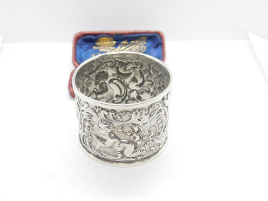 Victorian Aesthetic Sterling Silver Cherub Floral Napkin Ring 1891 Birmingham