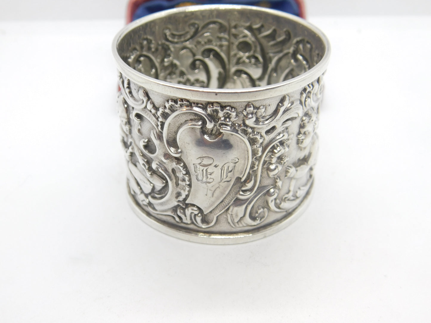 Victorian Aesthetic Sterling Silver Cherub Floral Napkin Ring 1891 Birmingham