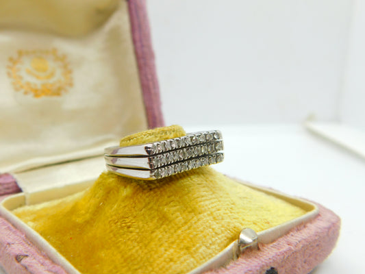 18ct White Gold & 0.6ct Diamond Modernist 3-Tier Ring Vintage c1970 Size O UK