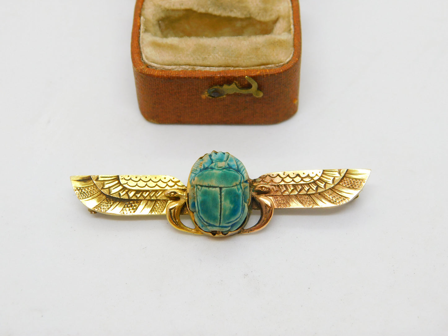 Egyptian 12ct Yellow Gold Winged Scarab Beetle Brooch Antique c1930 Art Deco