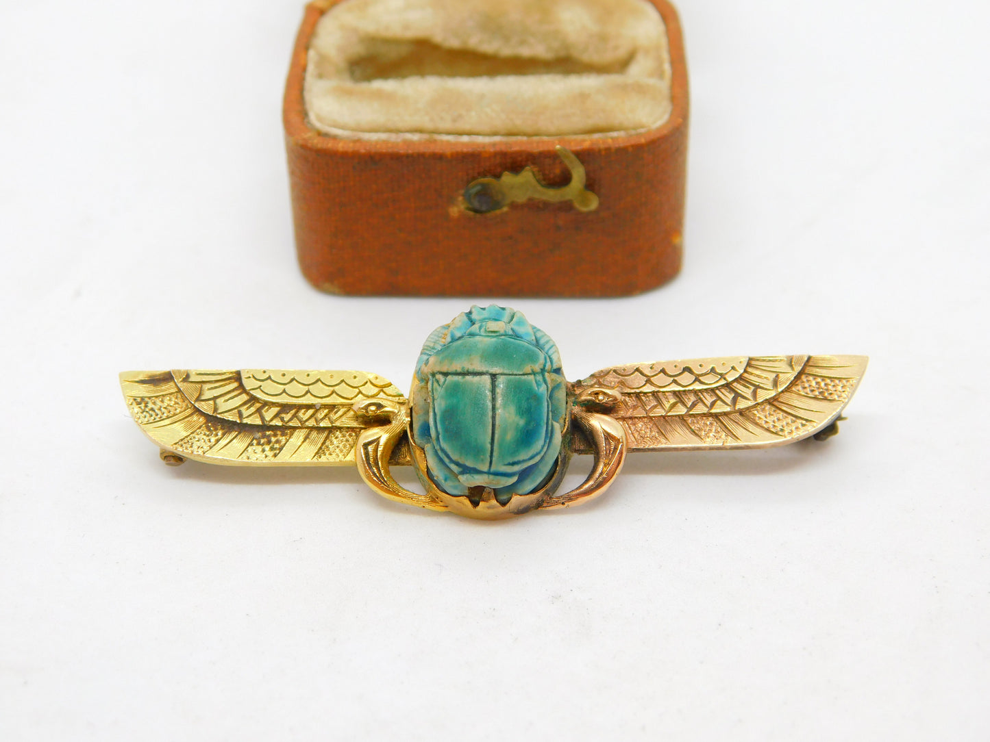 Egyptian 12ct Yellow Gold Winged Scarab Beetle Brooch Antique c1930 Art Deco