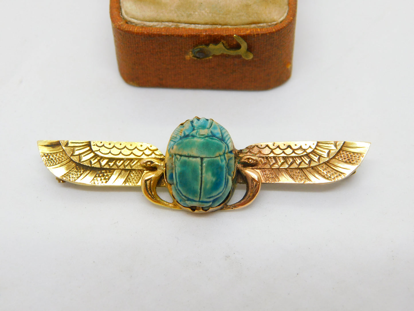 Egyptian 12ct Yellow Gold Winged Scarab Beetle Brooch Antique c1930 Art Deco