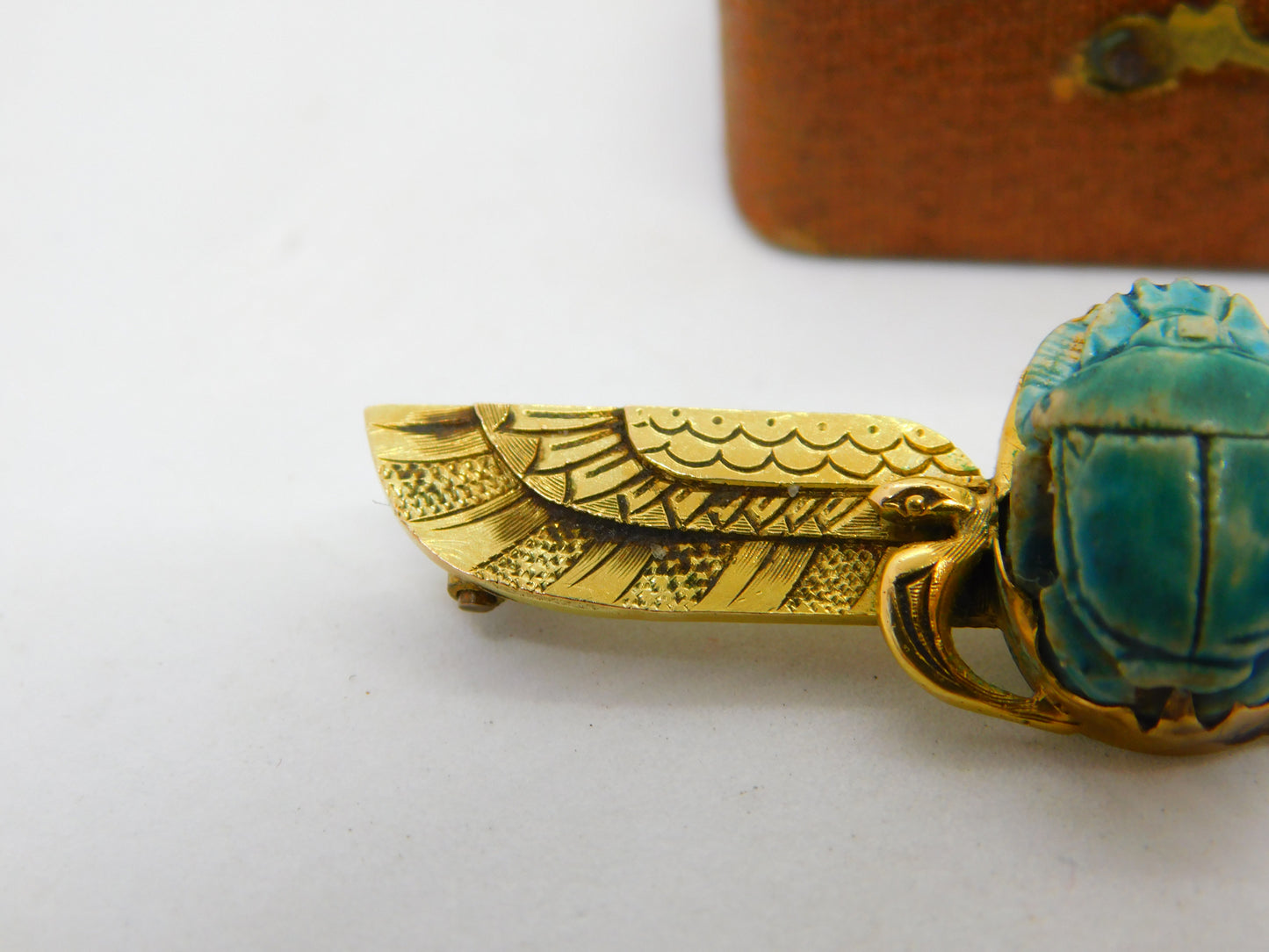 Egyptian 12ct Yellow Gold Winged Scarab Beetle Brooch Antique c1930 Art Deco