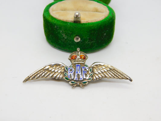 WWII Sterling Silver Green Enamel RAF Sweetheart Brooch Antique c1940