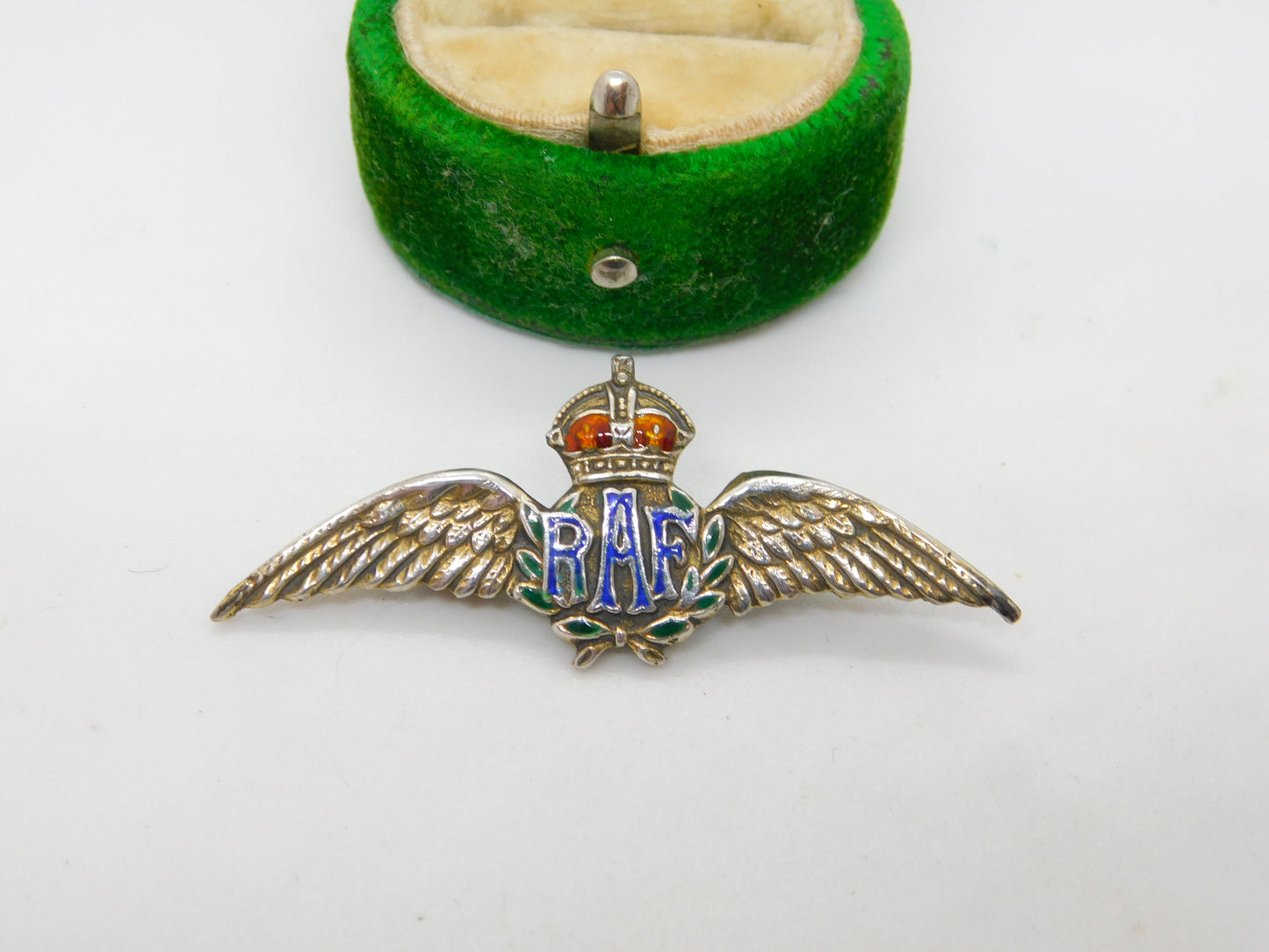 WWII Sterling Silver Green Enamel RAF Sweetheart Brooch Antique c1940