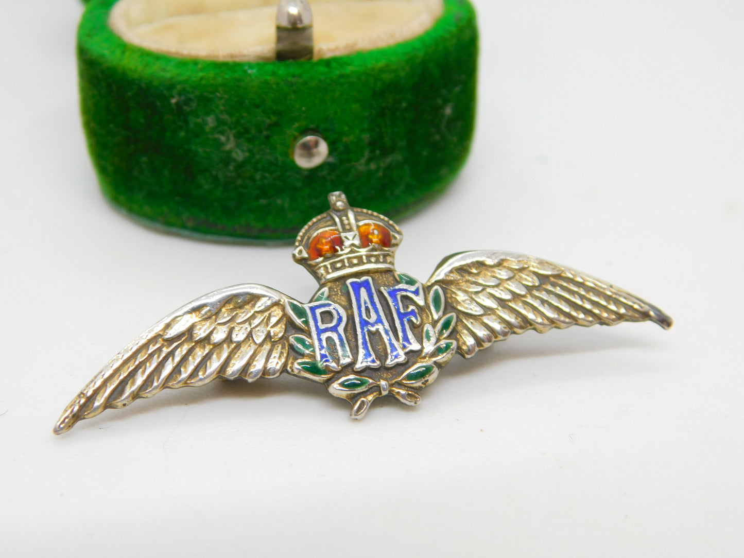 WWII Sterling Silver Green Enamel RAF Sweetheart Brooch Antique c1940